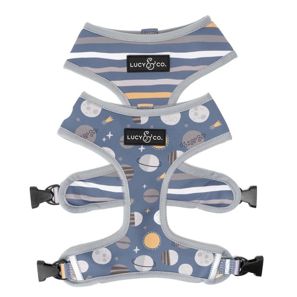 Lucy & Co No-Pull Dog Harness Reversible Gray & Blue Planet & Stripe Dog Harness - Picture 1 of 9